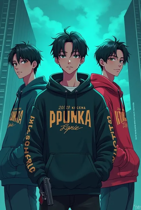 Create three anime character {{background: capital text:“GLBK”, darkness vulcano blue}}, 
 realistic, HDR, handsome, korean style, full body, use piastol, age 20, character hoodie HD text 1: “Pras”, character hoodie HD text 2: “Nando", character hoodie HD ...