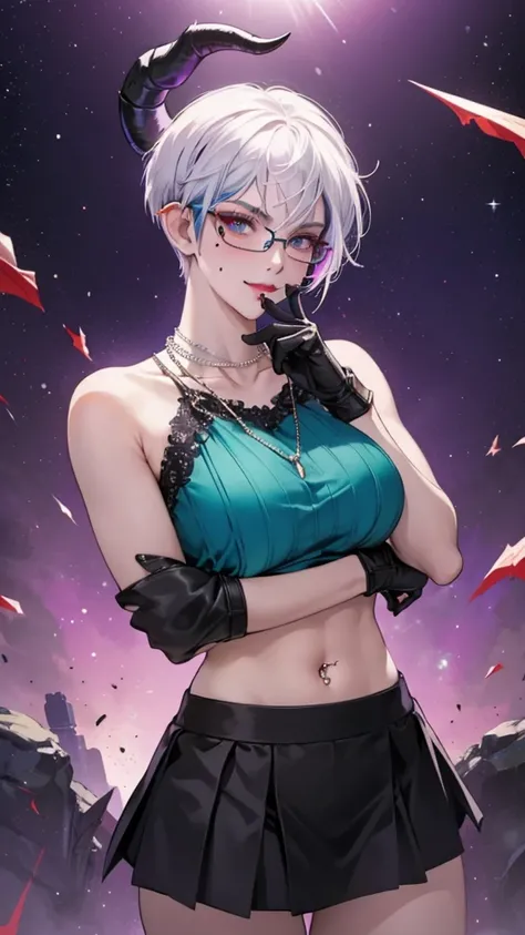 8k, masterpiece, best quality, highly detailed, 1 girl, tiefling, warlock, pixie cut, multicolored hair, very short straight hair red highlight hair on white hair, strippled hair, wearing glasses, round glasses, earrings, navel piercing, red eyeshadow, lon...