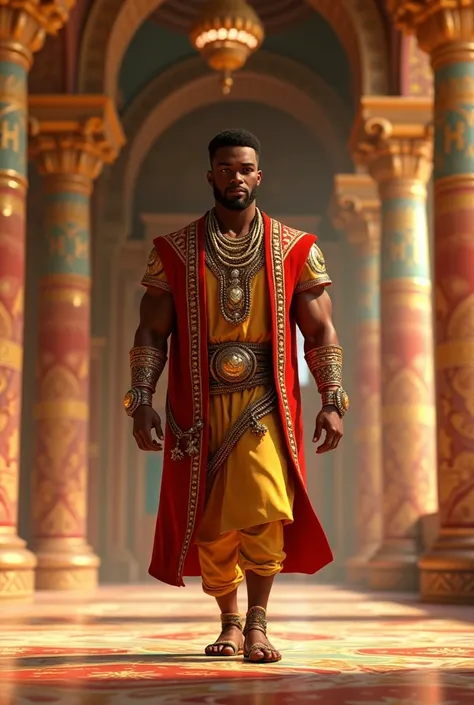 Daniel, a black man with 3D Pixar cartoon features, dressed in noble clothes from ancient Babylon, walking confidently through the halls of the palace. The setting should reflect the opulence of the court, with rich, colorful details."