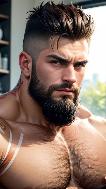 Head to thights body photo, from front view, masterpiece, best quality, high resolution, closeup portrait, male focus, solo focus, muscular, burly, hairy, male, A handsome man with full beard, spiky hairstyle (big bulge:1.2), sunny day, blurred background,...