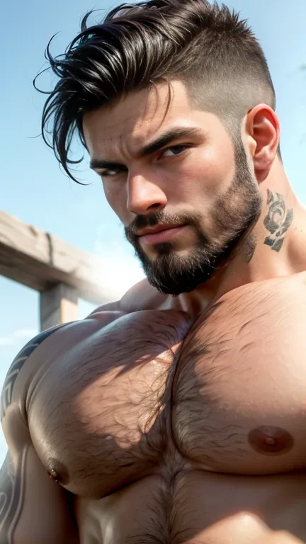 Head to thights body photo, from front view, masterpiece, best quality, high resolution, closeup portrait, male focus, solo focus, muscular, burly, hairy, male, A handsome man with full beard, spiky hairstyle (big bulge:1.2), sunny day, blurred background,...