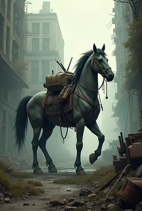 Centaur in a Post-Apocalyptic World: A centaur scavenger navigating through the ruins of a crumbling city. The environment is desolate, with abandoned buildings and overgrown vegetation. The centaur’s body is battle-worn, and it carries makeshift weapons a...