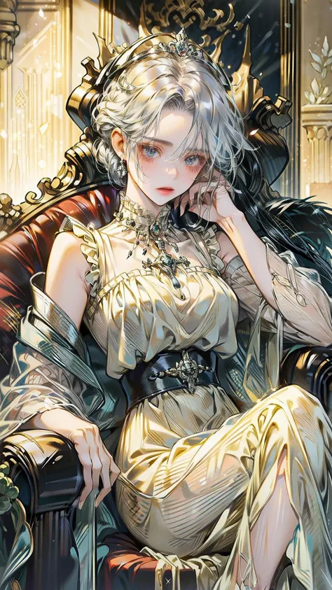 ((best quality)), ((ultra high definition)), ((masterpiece)), ((Romance Fantasy)), ((illustration)), (detailed), (clear), (Perfect), 1 woman, mature, beautiful, chic, calm expression, Short Silver Hair, white skin, Silver eyes, Warrior Grass, abundant eyel...