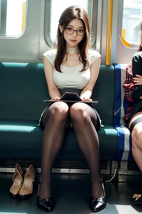 4K.Sharp focus、(((Sit well))), Beauty sitting on train seat, Taken from the opposite seat, Knee height seat, View Photographer, Tall Woman, One Woman, whole body, (Smiling at the photographer), tight skirt, (barefoot), High heels, Sexy Dress, Long legs, He...