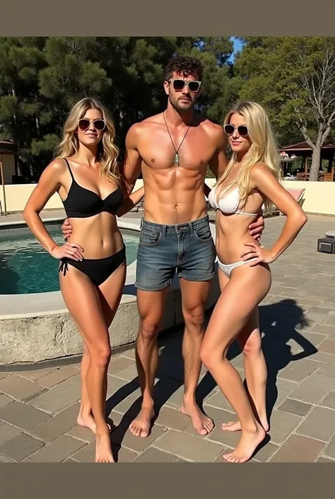 a caucasian man with his harem of 2 sexy blonde girls, (big breasts:1.4), naked, ultra HD