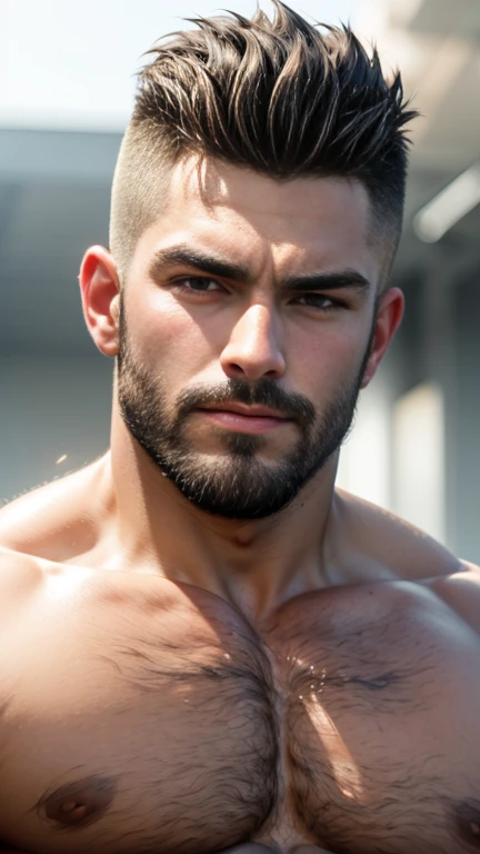 Head to thights body photo, from front view, masterpiece, best quality, high resolution, male focus, solo focus, muscular, burly, hairy, male, A handsome man with full beard, spiky hairstyle (big bulge:1.2), sunny day, blurred background, scruffy face, arr...