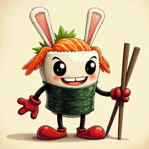 Cuphead style design of a sushi character neutral background full canva