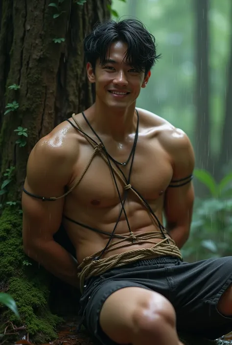 (((muscular,shirtless guy))), (((young, slim, muscular, fit, boy))), (((ripped sixpack))), ((((Trussed up completely with rope)))), ((((ropes crossed over chest)))), (((body trussed up in tight fitting shibari ropes))), (((beautiful boy))), (((beautiful fa...