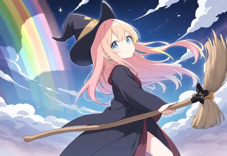 A woman riding a magic broom,Harry Potter-esque,Light comes from the broom,Point forward with your left hand,Light Powder Long Hair,Center Parting,(Rainbow Hair) Big Eyes,(Blue eyes),smile,Profile Magic Robe,red,Witch&#39;s Tricorner Hat Magical Sky,End of...