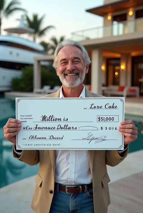 "A person, aged 45, holding a million-dollar check, with a huge smile, standing in front of a luxurious lifestyle, with a mansion and a yacht in the background"