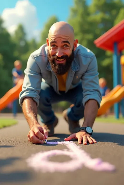 a famous celebrity, who is male, bald, and has a beard, is smiling and writing the letter "D" with chalk on the ground. The setting is a playground or park, and the focus is on his expression and activity. If you need help with anything specific about this...