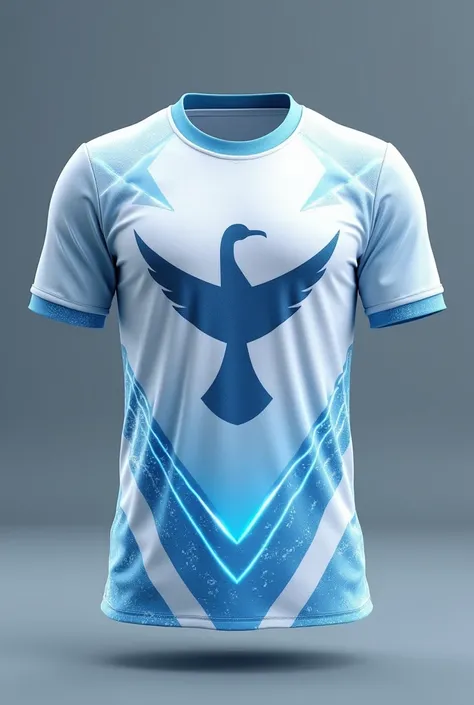 Create a jersey design with following ideas
 Color Palette: Predominantly white with light blue and silver accents.
Articuno Silhouette: Use a minimalist silhouette of Articuno on the chest, with its wings extended upwards toward the shoulders.
Geometric P...