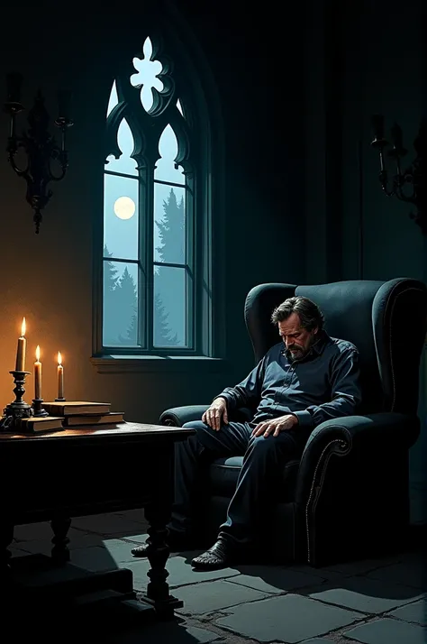  **scene:** A dark, dimly lit room in an old, Gothic style. A man sits exhausted in a large armchair, the head is lowered, his facial features marked by tiredness and sadness. Next to him is a table with books and candles, that provide flickering light. A ...