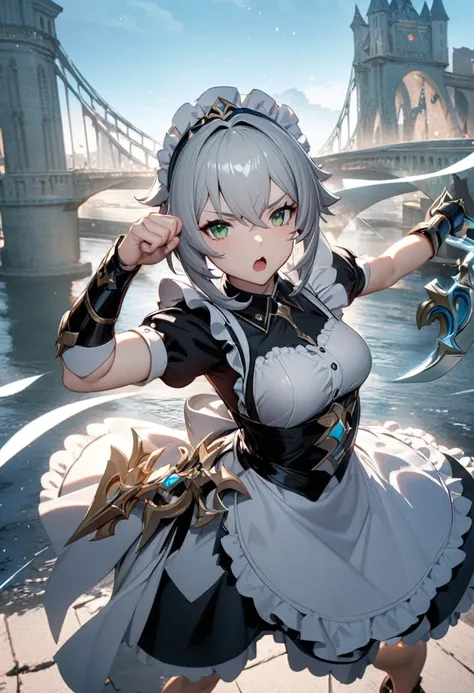 masterpiece, Highest quality, figure, Fighting Pose, One girl, Noel Genshin Impact, Silver short hair, Green Eyes, Maid skirt with red side parts, Maid Knight, Maid Knight armor, City Bridge, sword、