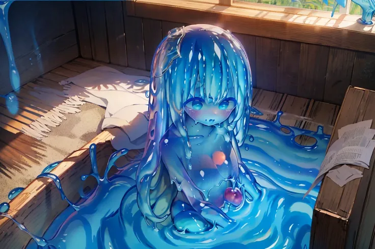 Slime Girl,light blue,composition,cute,Masterpiece,light blueのスライム,Transparent,Natural Light,Super detailed,Ultra HD,clear,Completed blue,Masterpiece,An illustration,Soft.The body is made of slime,