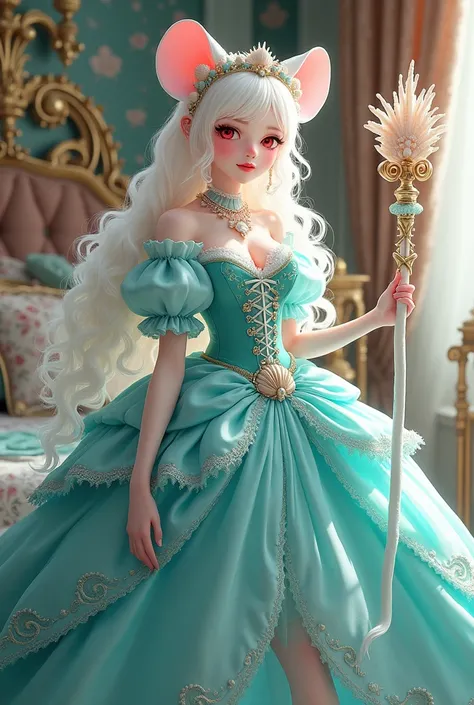 (best quality,4k,8k,highres,masterpiece:1.2), ultra-detailed, Pretty albino girl has a princess of the sea, drawn in 2D anime style, steampunk, wearing a iridescent turquoise princess gown with puffy sleeves, steampunk, gorgeous frilly dress design,flowing...