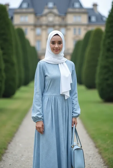 Please make me a photo of a young woman wearing a patterned long-sleeved dress linght blue and hijab, wearing shoes(((full body beautiful professionalstanding facing the viewer in the middle of the park against the background of an old building. In his han...