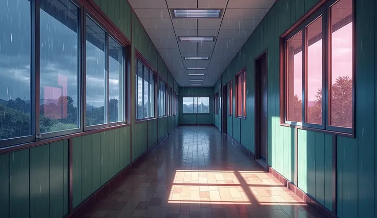   japanese school corridor, no people, raining, day, clouds, In the style of Makoto Shinkai。master piece, ultra detail, precision, ultra-realistic,
