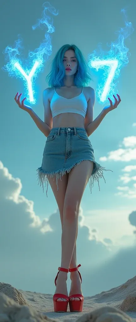 A sexy woman with blue hair, in a denim skirt, White bikini and red platform heels, holding the letter Y and the number 7 of blue fire in his hands. in the sky.