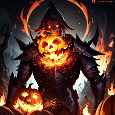 A very scary undead man in the place of a pumpkin head and a flaming skull inside with the body of a man in nightmare armor and dark flying energy UHD, textured skin, super detail, high details, high quality,
