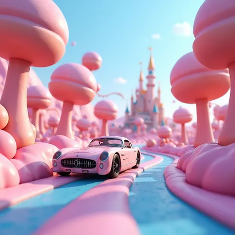 A car driving on the winding road of the Candy Kingdom, vehicle close-up, oblique side view, large scene, candy, tree lollipops, only in the form of doughnuts, candy colorful, surreal, castle in the distance, picture in pink and blue, 3D, depth of field