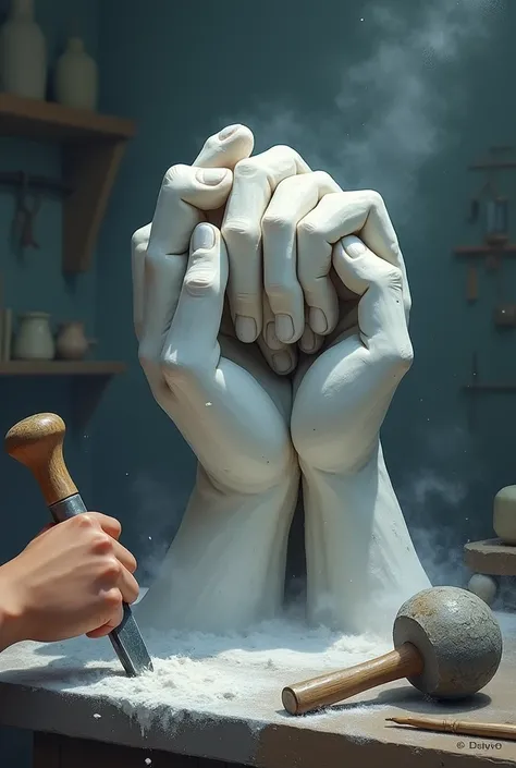 A cartoon image of a sculptors hand carefully chiseling a marble statue. The statue depicts many hands holding each other gently. The sculpting tools, including a chisel and hammer, are visible in the scene. The background shows a dimly lit workshop with m...