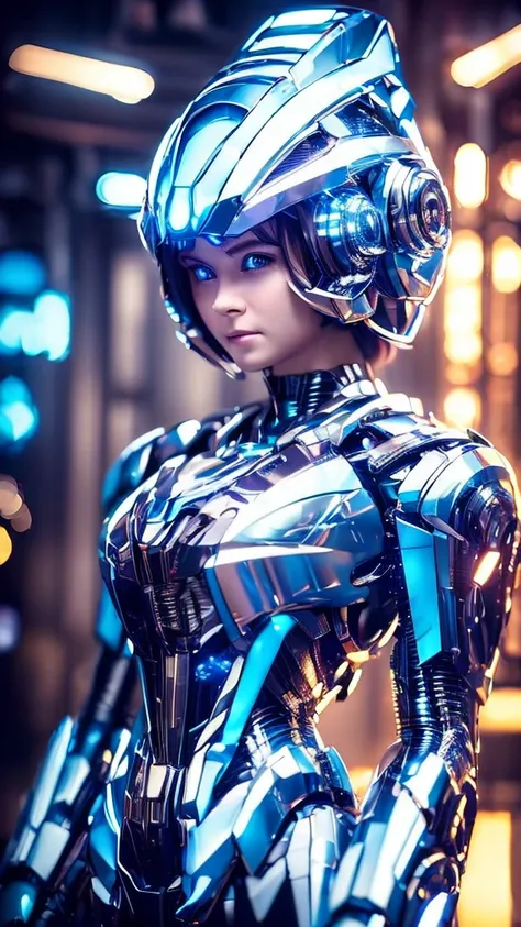 Wide-angle shot, 1 female, Mecha, Sparkling Blue Eyes, Very cute face, (Realistic:1.37), バイオMechaニカル, Spaceship interior bokeh background, Ultra-realistic, Very detailed, Very intricate details, Beautiful woman in focus