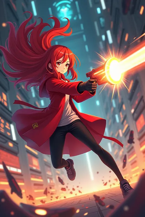 Anime girl red fire hair wearing red Coat futuristic glowing beam and icon on coat, dynamic pose from upside, handed fusion gun destroying Cyber Robot Guard and avoid laser beam in the future room sci-fi vibes looks like in spaceship