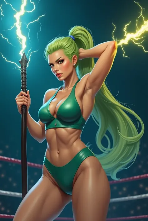 female wrestler, 6.1 175 pounds muscular and athletic, toned physique, bright green hair often styled in a pony tail. olive complexion, carries a lightning shaped staff. can control lightning and manipulate electrical charge.