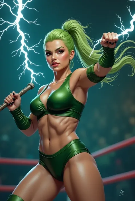 female wrestler, 6.1 175 pounds muscular and athletic, toned physique, bright green hair often styled in a pony tail. olive complexion, carries a lightning shaped staff. can control lightning and manipulate electrical charge.