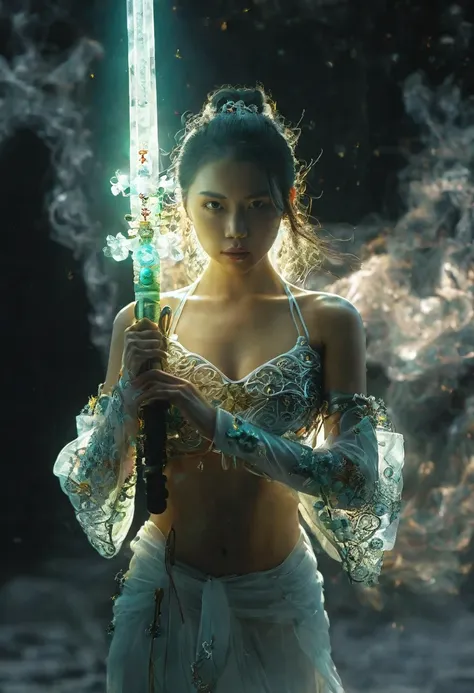 female swordsman topless photography，atomic correct,raw, lenses, (clear focus:1.5), (reality:1.4), dusk lighting, volumetric lig...