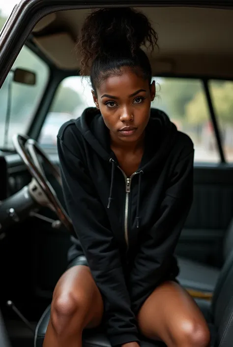 Black woman wearing leather short shorts up in crack black hoodie hair in a bun setting in car seat camera in between legs legs spread out