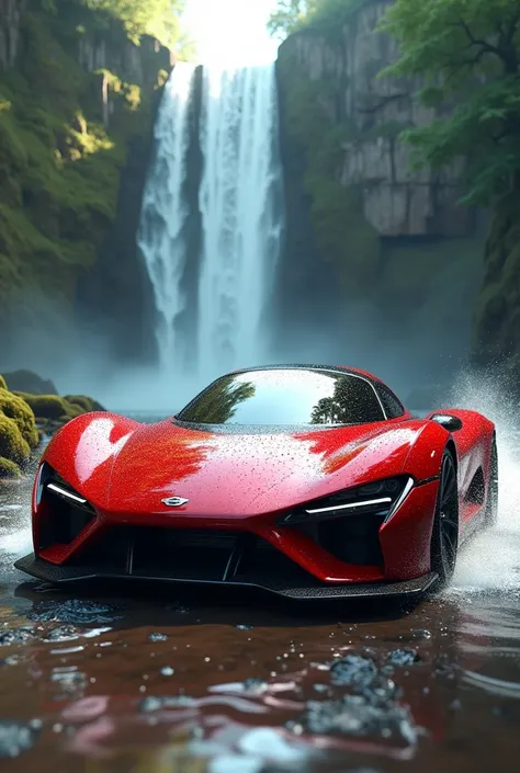 Red car with water fall 