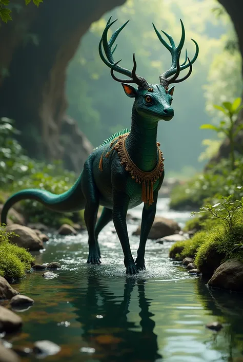 Reptilian with an elegant body and shiny black scales,  wearing an emerald crown shaped like a deer&#39;s antler and dressed in simple tribal clothing,  walks along a crystal clear stream in the deep forest,  at the end there is the entrance to a cave