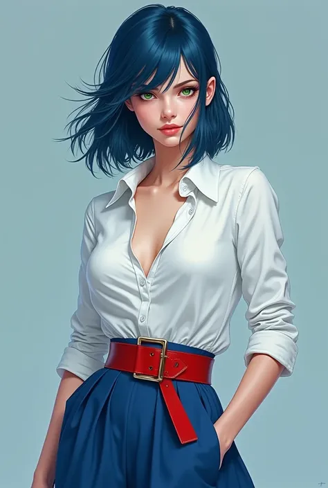 woman, perfect green eyes, perfect blue hair, cold look, small chest, cool tones, white shirt, blue skirt, red belt, line art, concept art, 2d, masterpiece