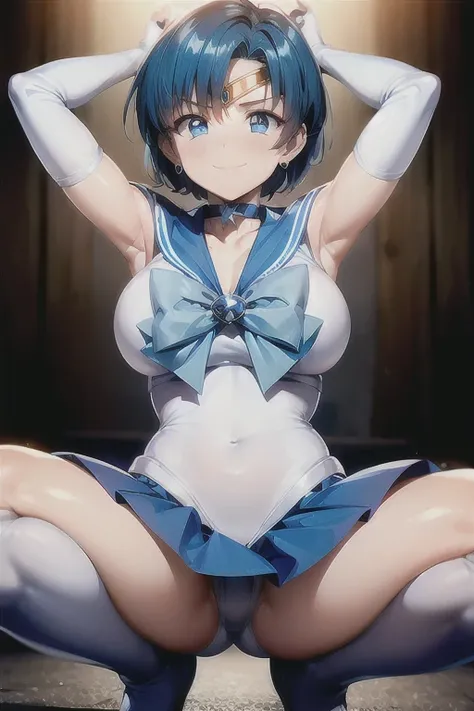 EPsmSailor Mercury,  blue hair, blue eyes, circlet, choker, earrings, blue sailor senshi uniform, white elbow gloves, yellow bow, blue skirt, blue long ブーツ, looking at viewer, serious, smirk, squatting, Open your thighs wide to the left and right, Showing ...