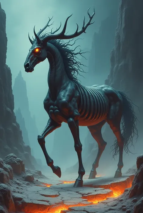 Centaur of the Underworld: A dark, skeletal centaur emerging from the shadows of a haunted landscape, with fiery eyes and a mane made of writhing shadows. The ground is cracked and glowing with molten lava, and the air is thick with the smell of sulfur.