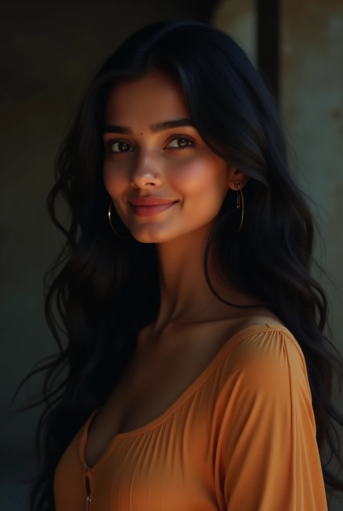 She is in her early 20s with long, wavy black hair cascading over her shoulders. She is dressed in a simple yet elegant outfit, such as a flowing traditional dress or a modern, casual outfit in soft, warm colors. She has a serene expression, with a slight ...