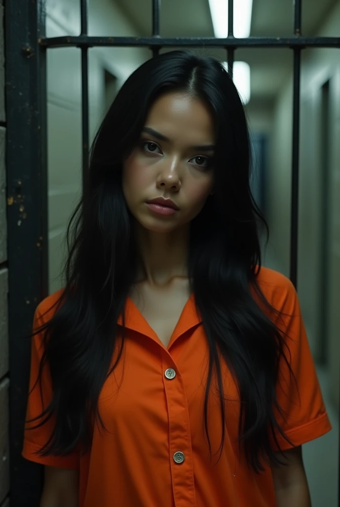 A beautiful Instagram model, long black hair , at prison , beautiful make up , orange prison jumpsuit, full body view, in cage