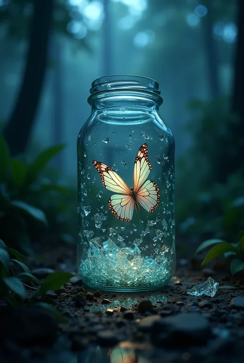 At the darken night at the jungle from the broken glass jar butterfly are flys