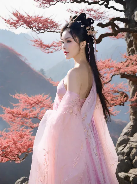 (((translucent,translucent,perspective))),(1 girl,pink hanfu,looking at the audience:1.3,smile:1.2)(huge breasts),mountain,mist,...