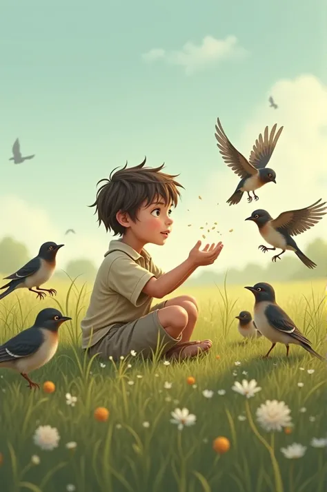 A boy sit in field and giveing food to birds
