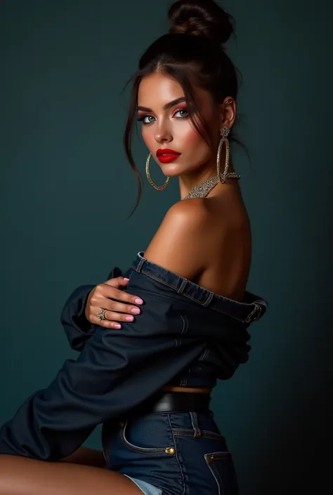 Prompt: A 20-year-old female model with colorful creative professional makeup posing for Vogue magazine in a dimly lit portrait studio, showcasing vibrant artistic beauty. The model wears dark denim fashion featuring an off-the-top style. The skirt and kne...