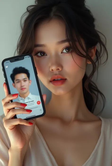 make a hyperrealistic picture of a beautiful Indonesian woman holding an Apple brand cellphone. Inside the cellphone there is a mans profile that is blurred. Next to the profile is written "Maaf paket data anda tidak mencukupi untuk melihat profil saya " T...