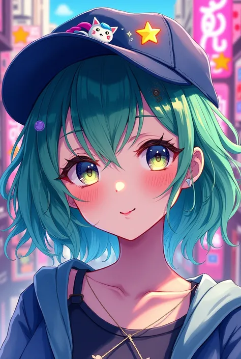 close, watercolor, Vibrant, cake, Bright and shining eyes, big eye, eye, ((Delicate eyes)),  Facial blemishes, contrast, high contrast, Dark Stripes,Gray Hair,smile,
anime girl with a cap and a nask, green messy hair, street background in neon pink and blu...