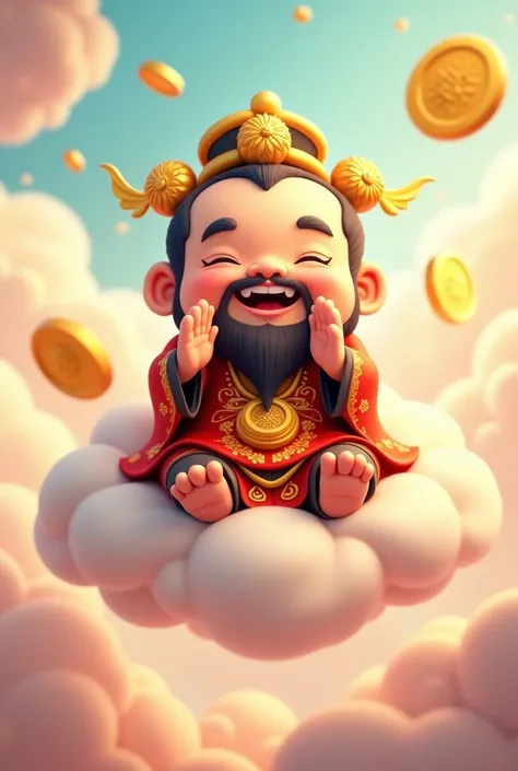 Cartoon chinese god of wealth  Sitting on the cloud blessing in pastel color and gold coin flew around