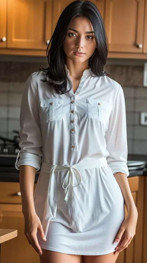 a woman with various tattoos and blonde hair, solo, hips up, detailed face, standing in her kitchen, wearing only an apron, soft...