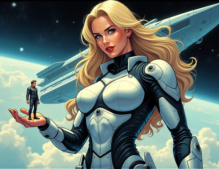 comic book art, cores vintage, Women&#39;s Galactic Army, long blonde hair, blue colored eyes, high-tech armor, science fiction spaceship she holds in the palm of her hand a tiny human