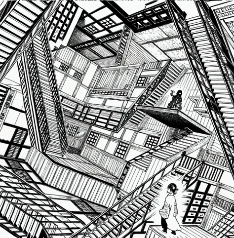 Infinitely large extra-dimensional space in a non-symmetrical MC Escher labyrinth style. It consists of several living rooms, various corridors, various endless halls and many stairs in a Japanese style. There is no ceiling. It has a distorted sense of gra...