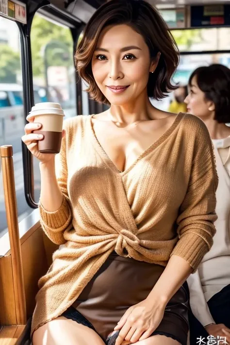 (Highest quality)、(High resolution)、(Ultra-detailed photos)、(Ultra-realistic texture)、(Illuminated subject)（8k images）（Clear Photography）（Real Photo） （A 40-year-old Japanese woman with elegant, well-defined features and a caramel-colored chignon.）（Her outf...